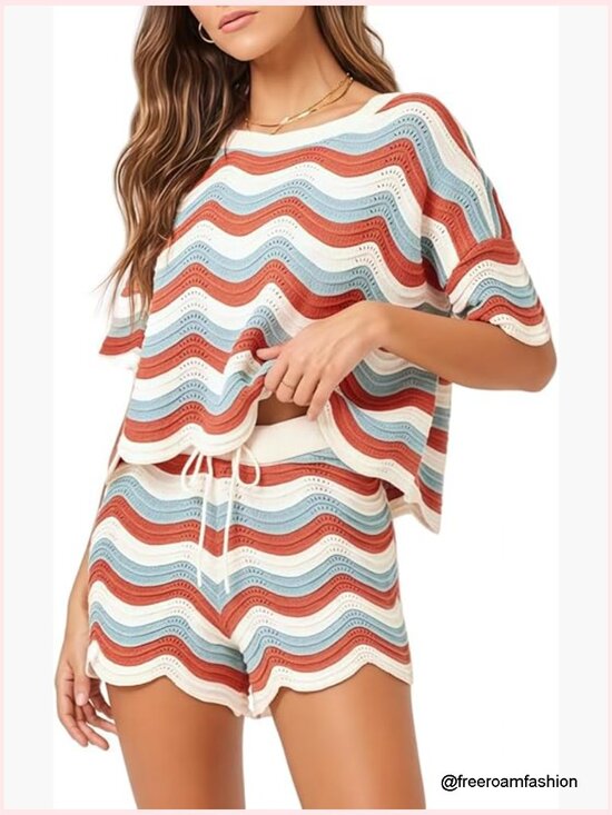 Other - 2 Piece Stripe Crochet Cover Up Set - Short Sleeve Top & Shorts